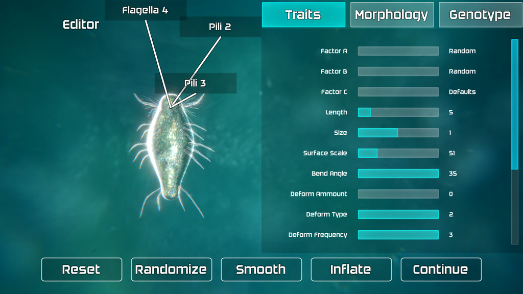 Bionix Creature Creator with flagella and pili labelled and the trait sliders open
