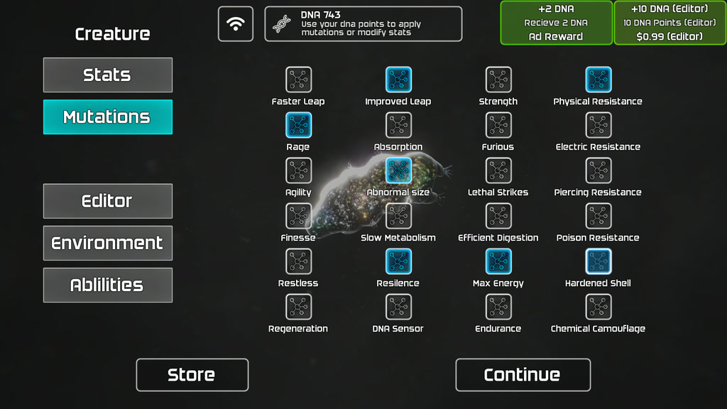 Bionix mutation grid with DNA points and unlocked mutations such as Absorption and Regeneration