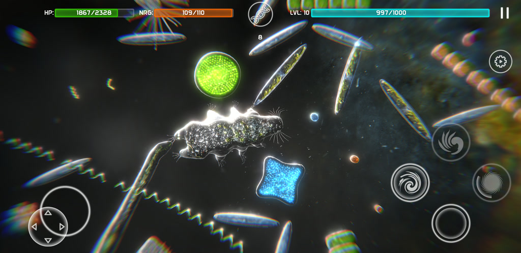 A level 17 Bionix organism feeding among glowing cells, health and energy bars filled