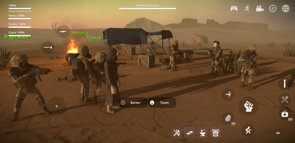 The player and two hired companions moving through the wasteland